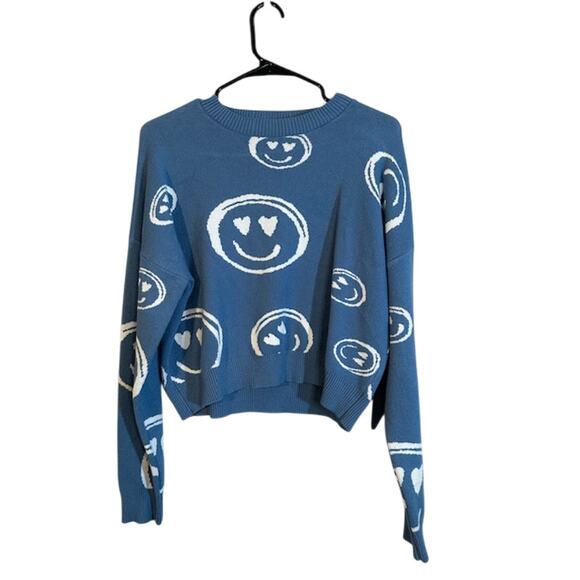 Debut Blue White Smiley Long Sleeve Crew Neck Cropped Knt Sweater Women Sz M - Picture 1 of 8